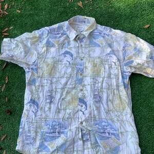 Vintage Pierre Cardin Nautical Marlin Print Button Up Shirt - Mens Large